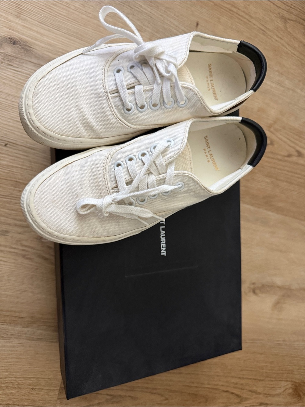 Saint Laurent Off-White Canvas Low-Top Sneakers with Black Heel Tab